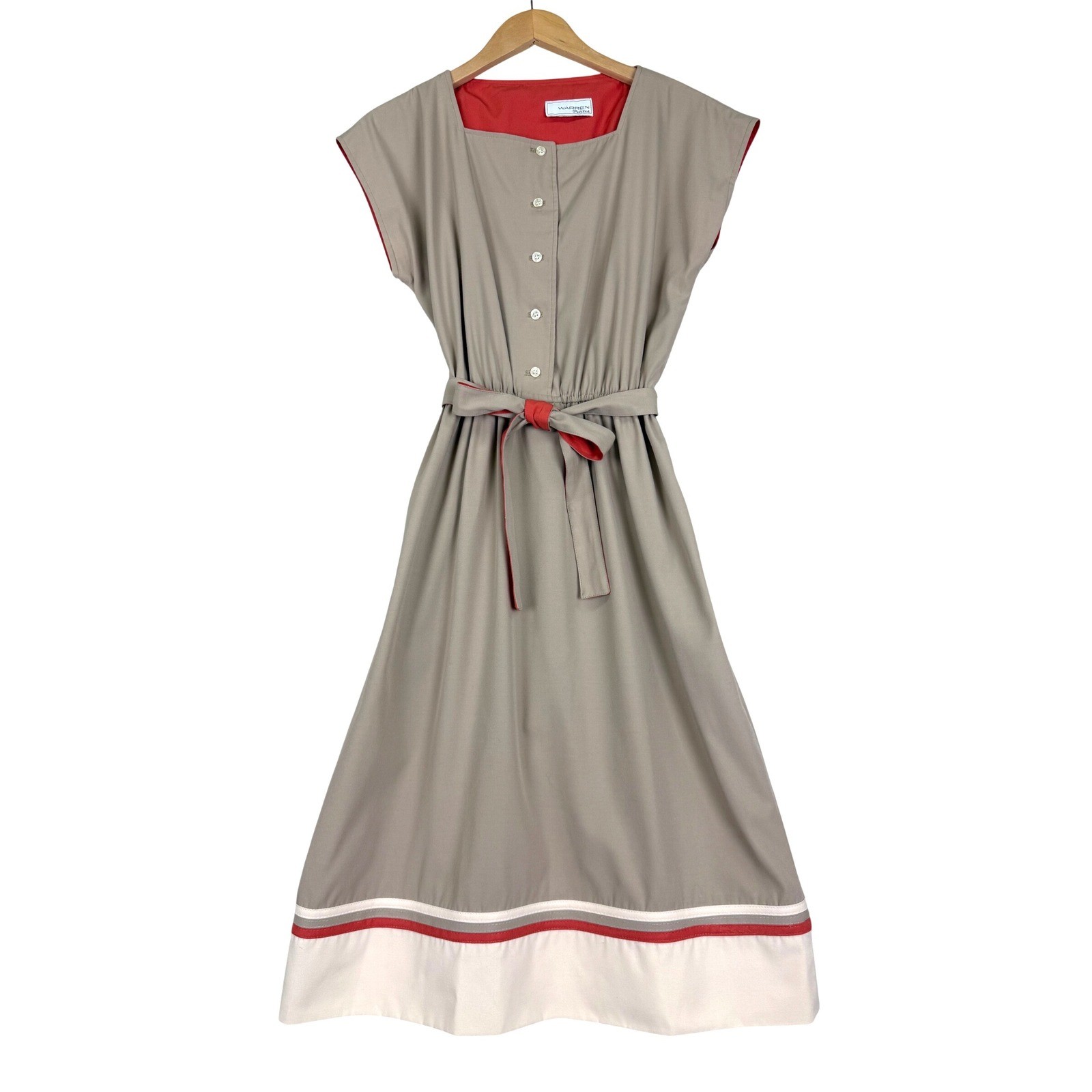 Warren Petites Vintage Taupe Pink Striped Midi Dress Elastic Waist Belted 80s