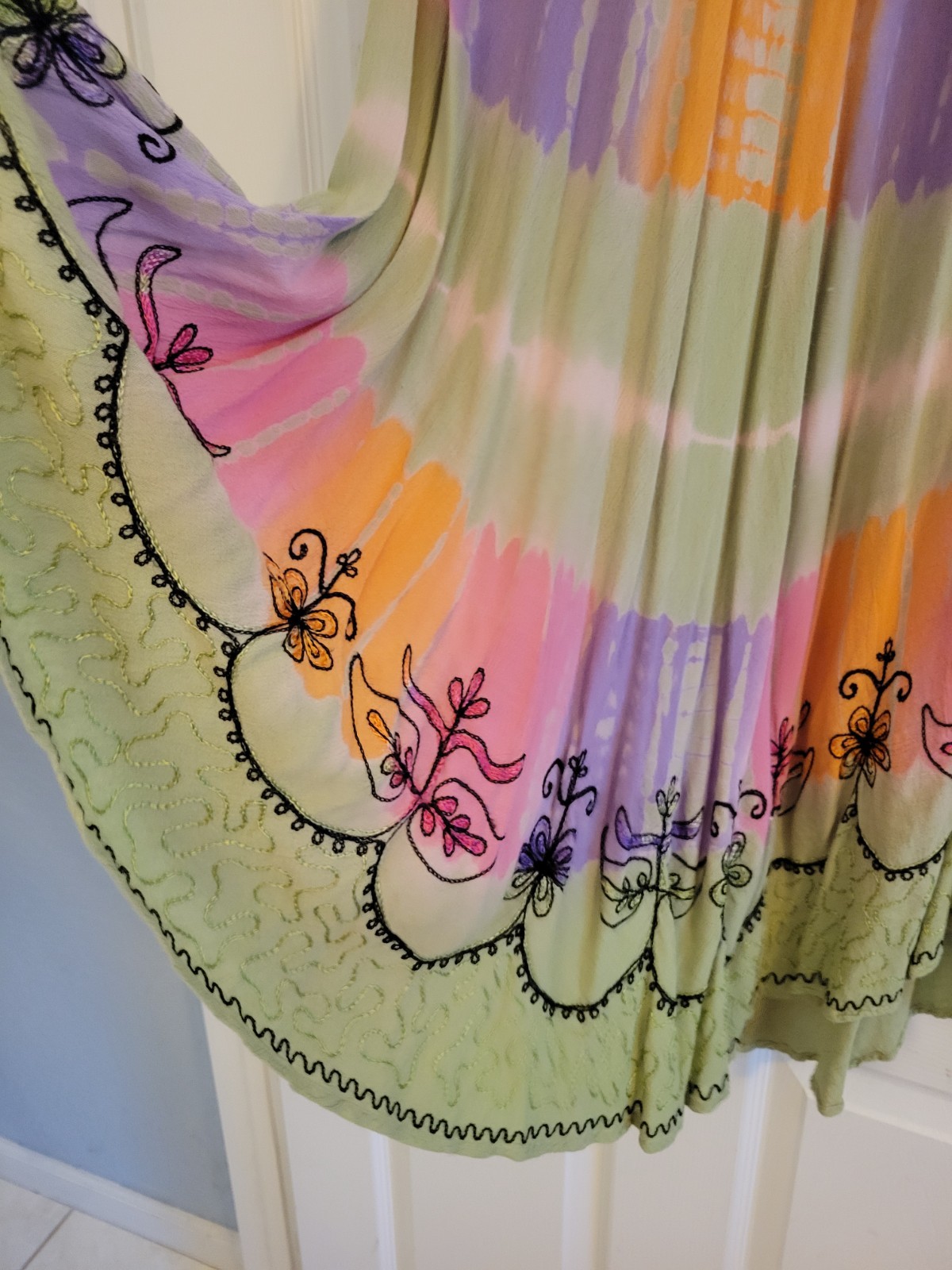 Multicolor Tie-Dye Embroidered Sundress – Green, Pink, Purple, Orange Free Size