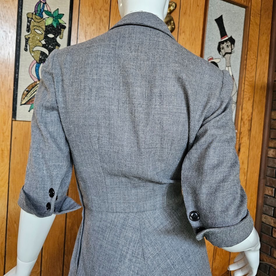 Vtg 40s 50s Wing Cuff Gray Wool Full Skirt Victory Suit Carlye Coat Dress XS/S