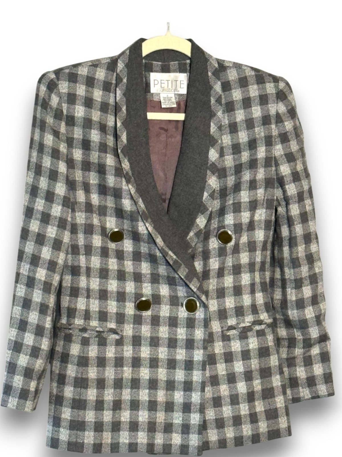 Vintage Petite Sophisticate Gingham Wool Blend Double Breasted Blazer Jacket Siz