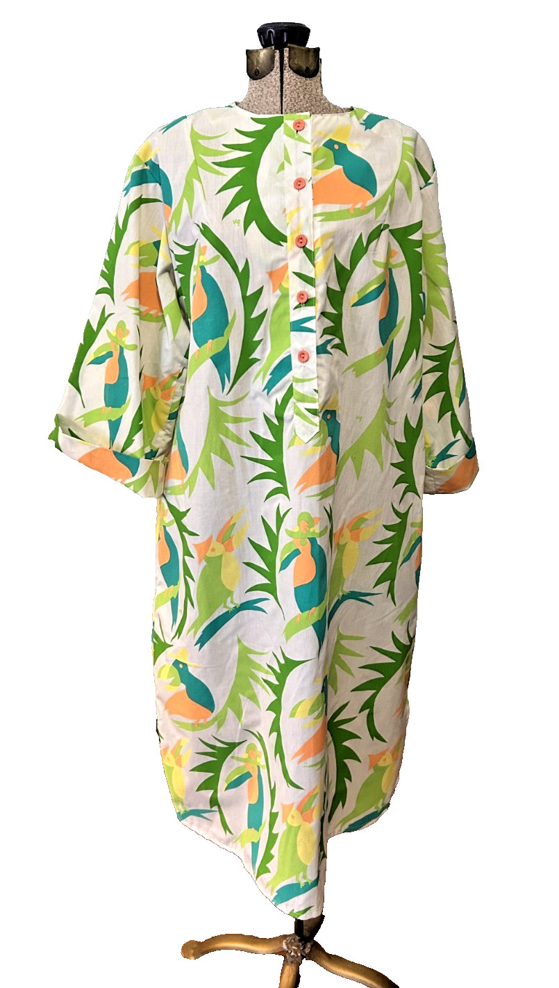 Vintage 1970s Vested Gentress Hand Screen Print Colorful Tropical Birds Toucan L