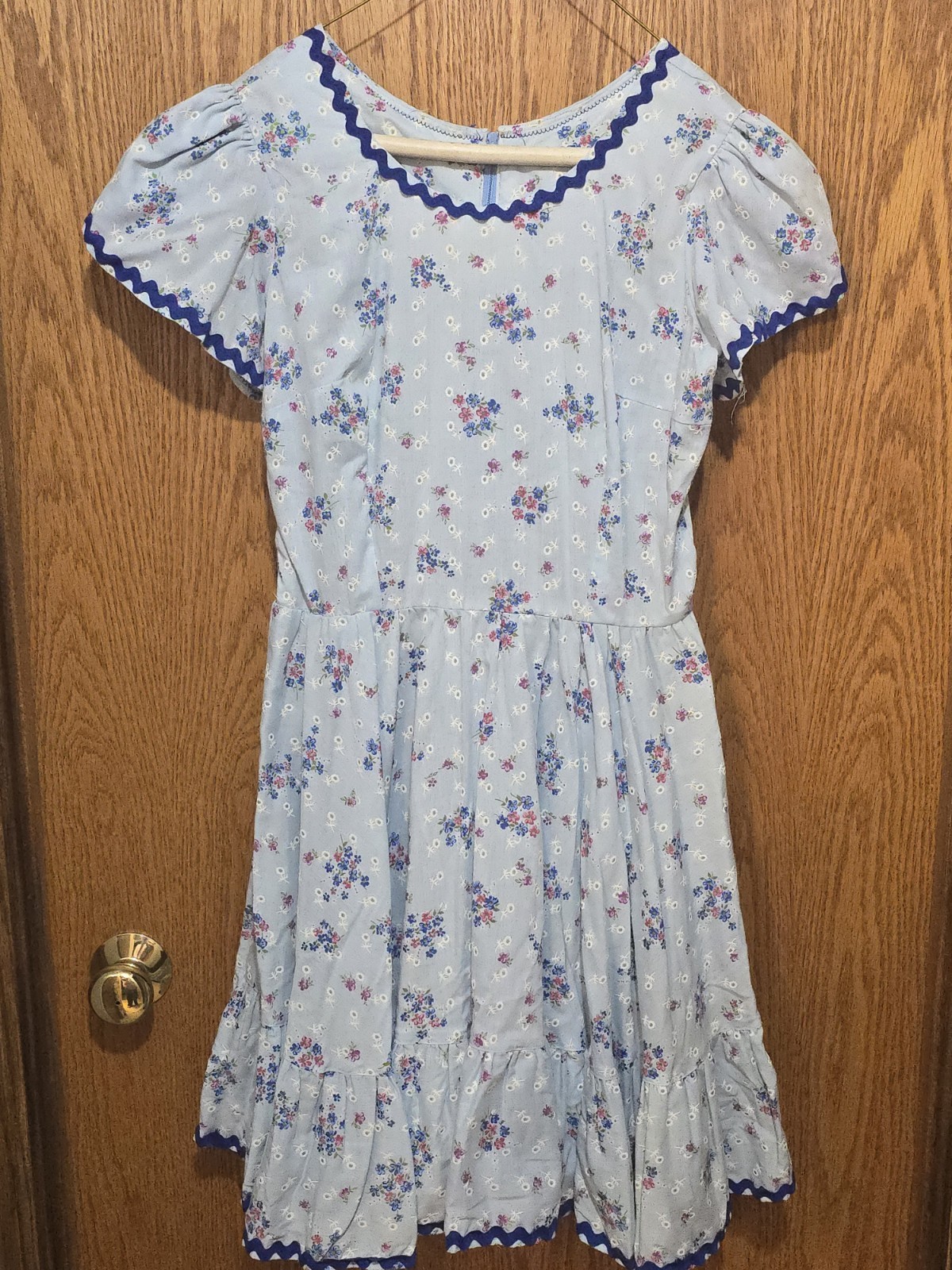 Vintage Handmade Prairie Dress Blue Floral Ric Rac Trim Puff Sleeve XS