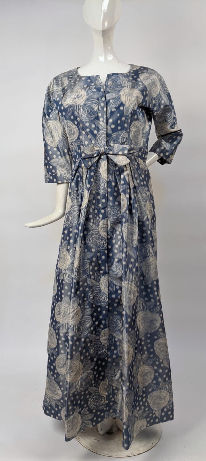 BEAUTIFUL COUTURE Q VINTAGE 1970’S FLORAL PRINT PAPER THIN SILK TAFFETA DRESS 