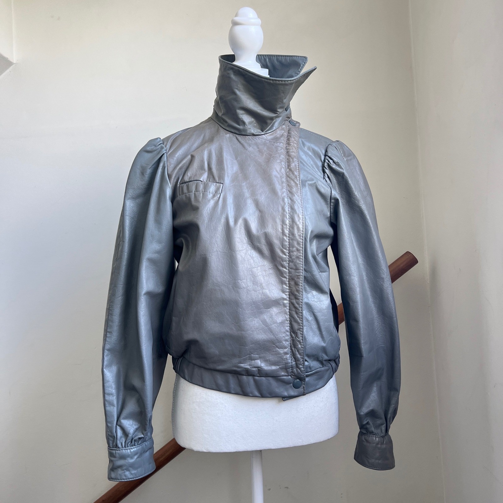 Vintage 80s Leather Jacket Small Gray Stand Collar Funnel Neck Retro Avant Garde