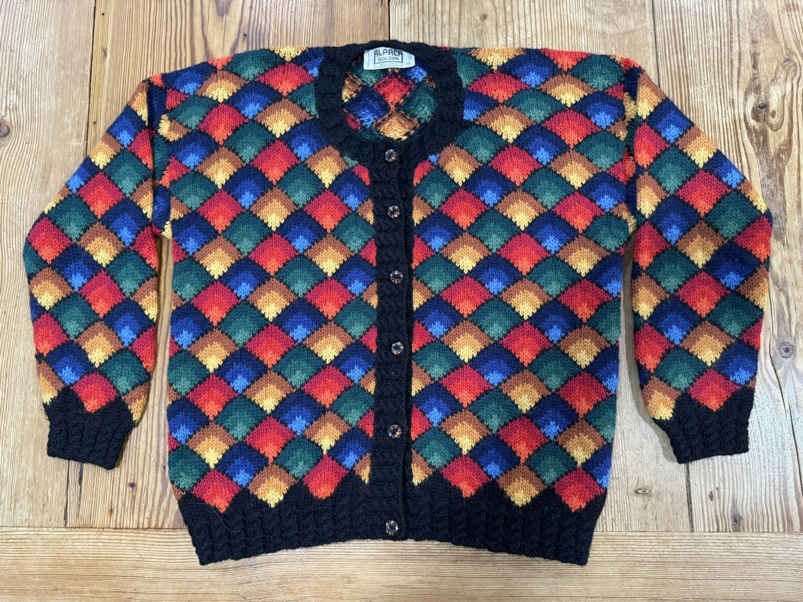 Vintage Alpaca Golden Women&rsquo;s Sweater Sz Medium M Art To Wear Geometric Cardigan