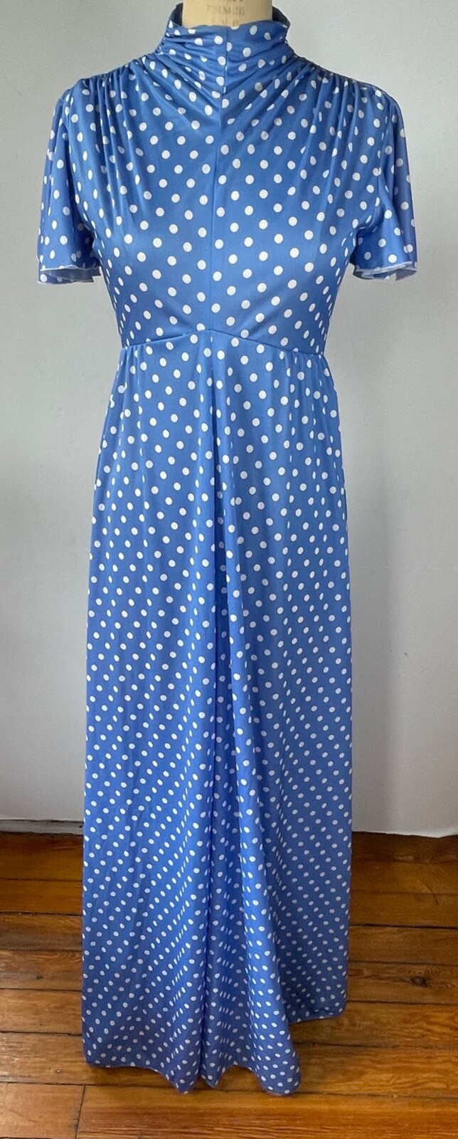 VTG 70&rsquo;S HOUSE OF BIANCHI*BLUE WHITE POLKA DOT MAZI DRESS*10 FITS LIKE CURRENT S
