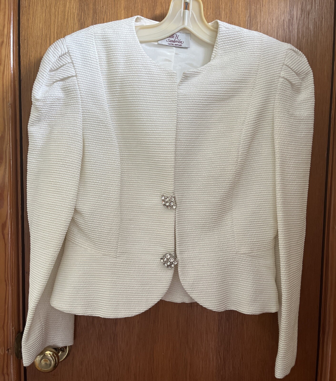 Vintage SILK &lsquo;N SANDERSON Blazer Jacket Off-White RHINESTONE BUTTONS Peplum
