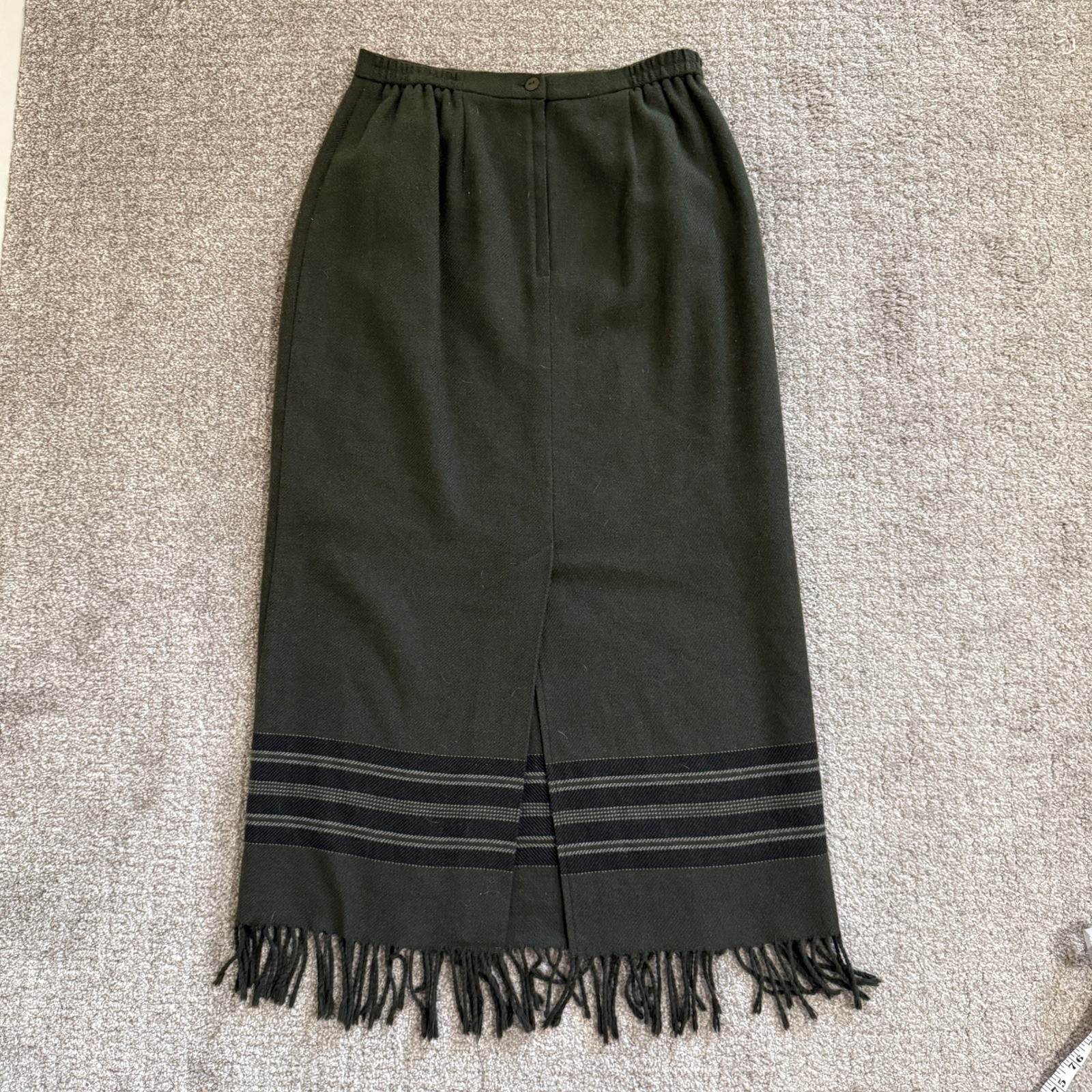 Requirements Vtg Forest Green Wool Blend Maxi Column Pencil Skirt Fringe Hem 8