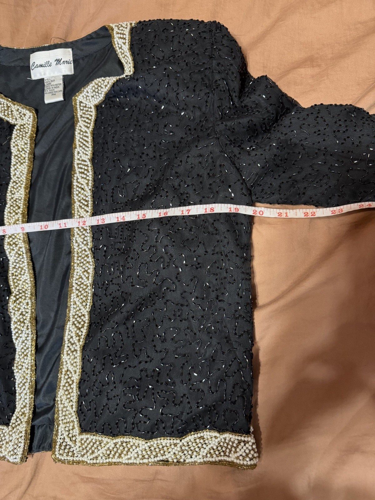 Vintage 80s Silk Beaded Jacket Black Gold Size PM