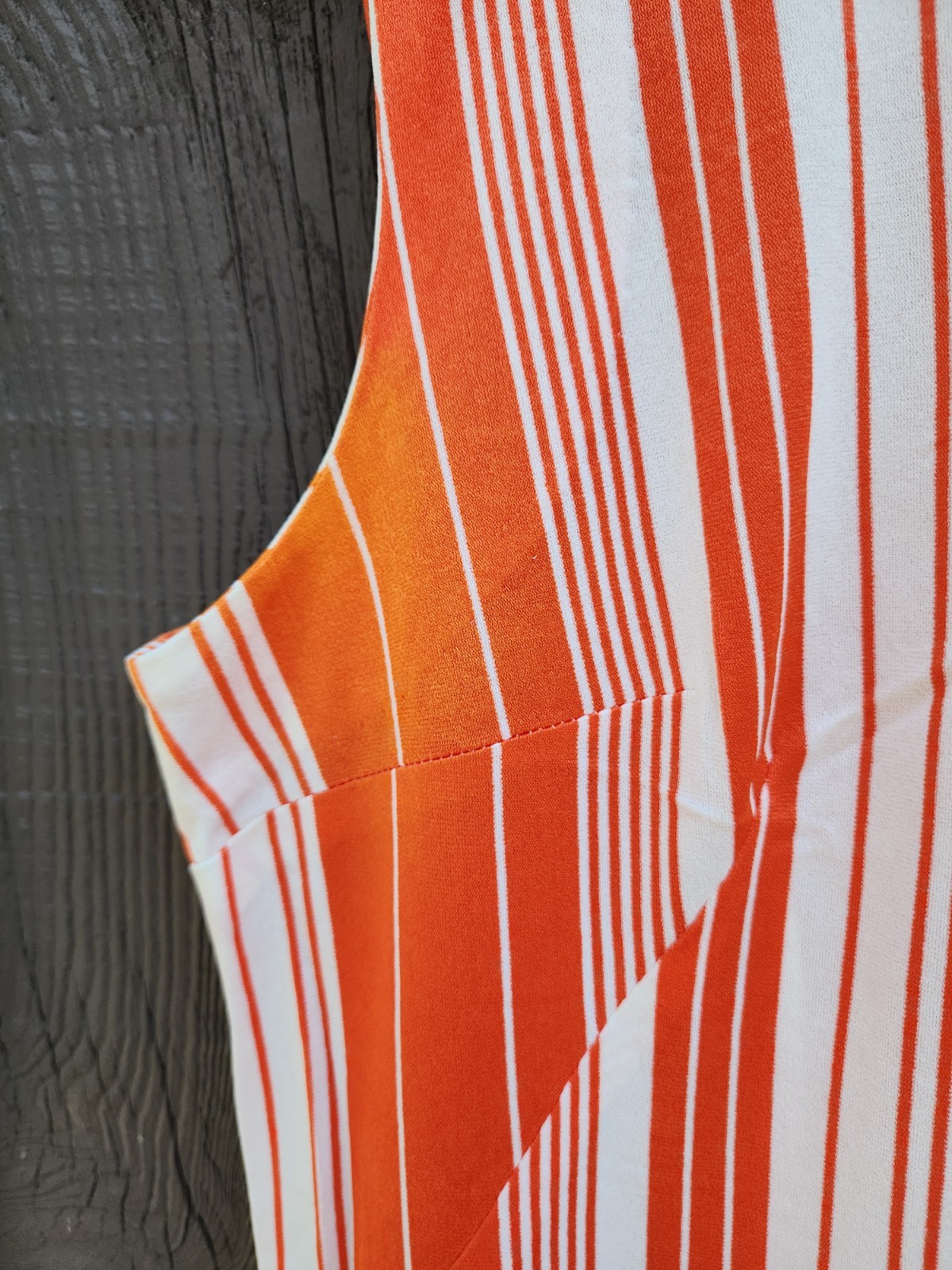70s Handmade Orange White Stripe Silky Double Knit Polyester Dress Womens XL-1X
