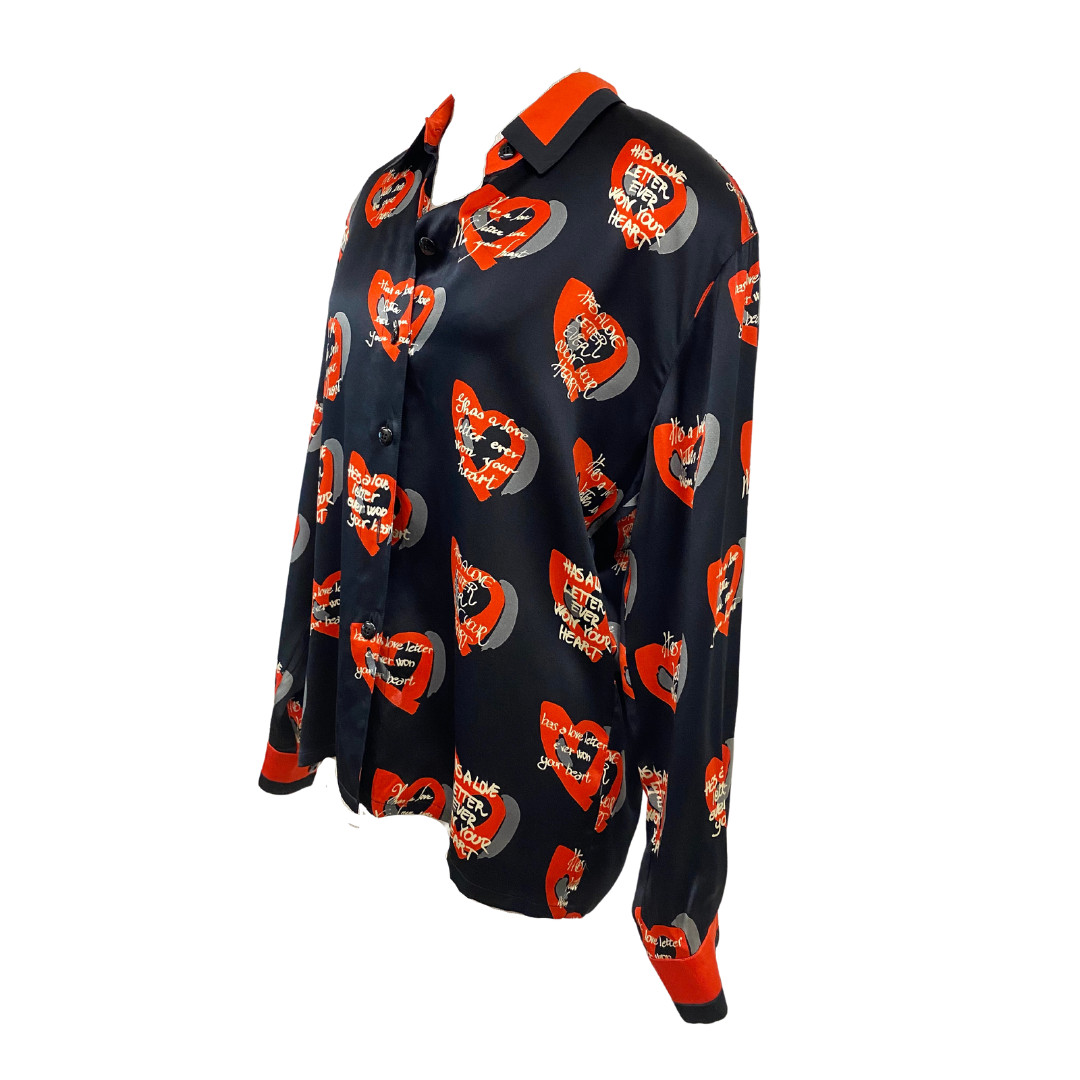 Vtg Vintage 1980s 80s Designer Primo Escada Silk Novelty Heart Print Blouse