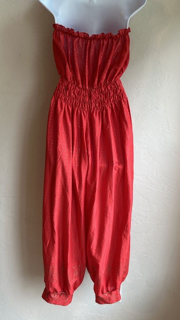 Vintage 1970s Strapless Jumpsuit Duster Set L Red Gold Harem Balloon Boho Disco