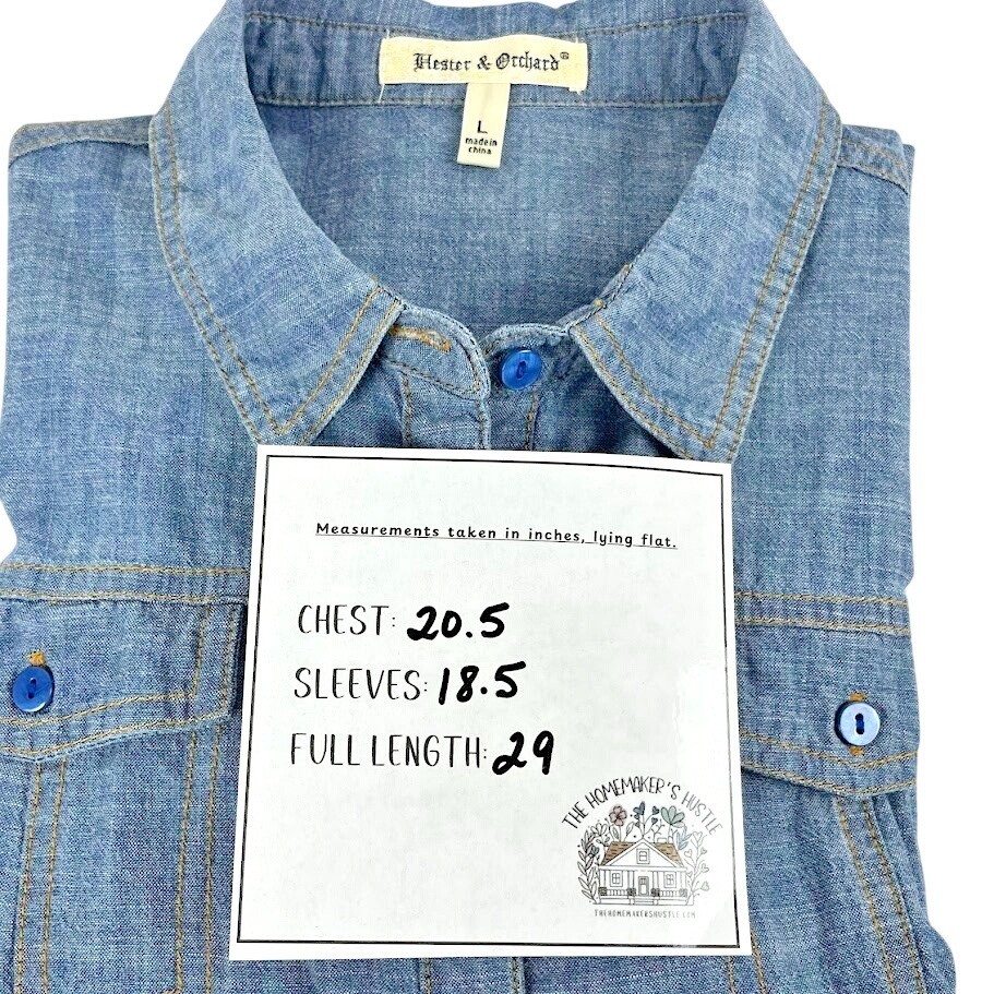 Hester & Orchard Chambray Denim 3/4 Sleeve Button Up Blue Jean Shirt Women&rsquo;s L