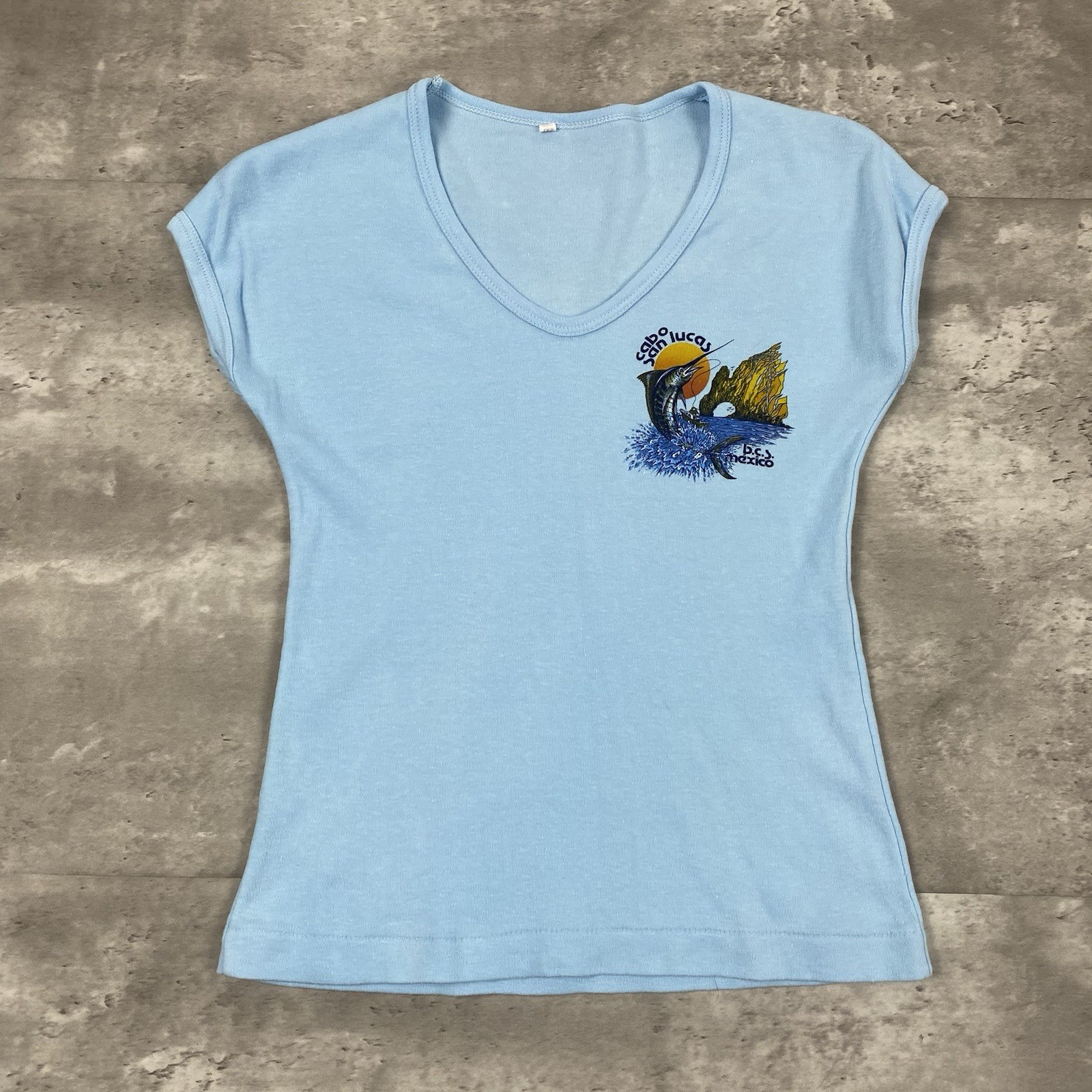 vintage 70s Cabo San Lucas B.C.S Mexico baby doll ringer t shirt womens blue