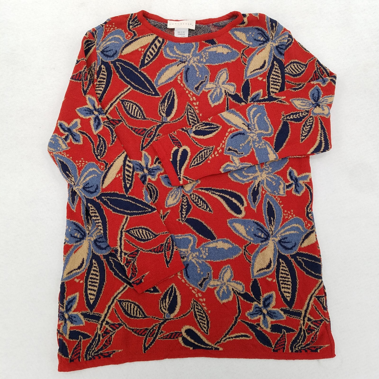 Vtg 1990&rsquo;s DONCASTER FLORAL PRINT LS SWEATER Sz L Rust Blues Black made in Italy