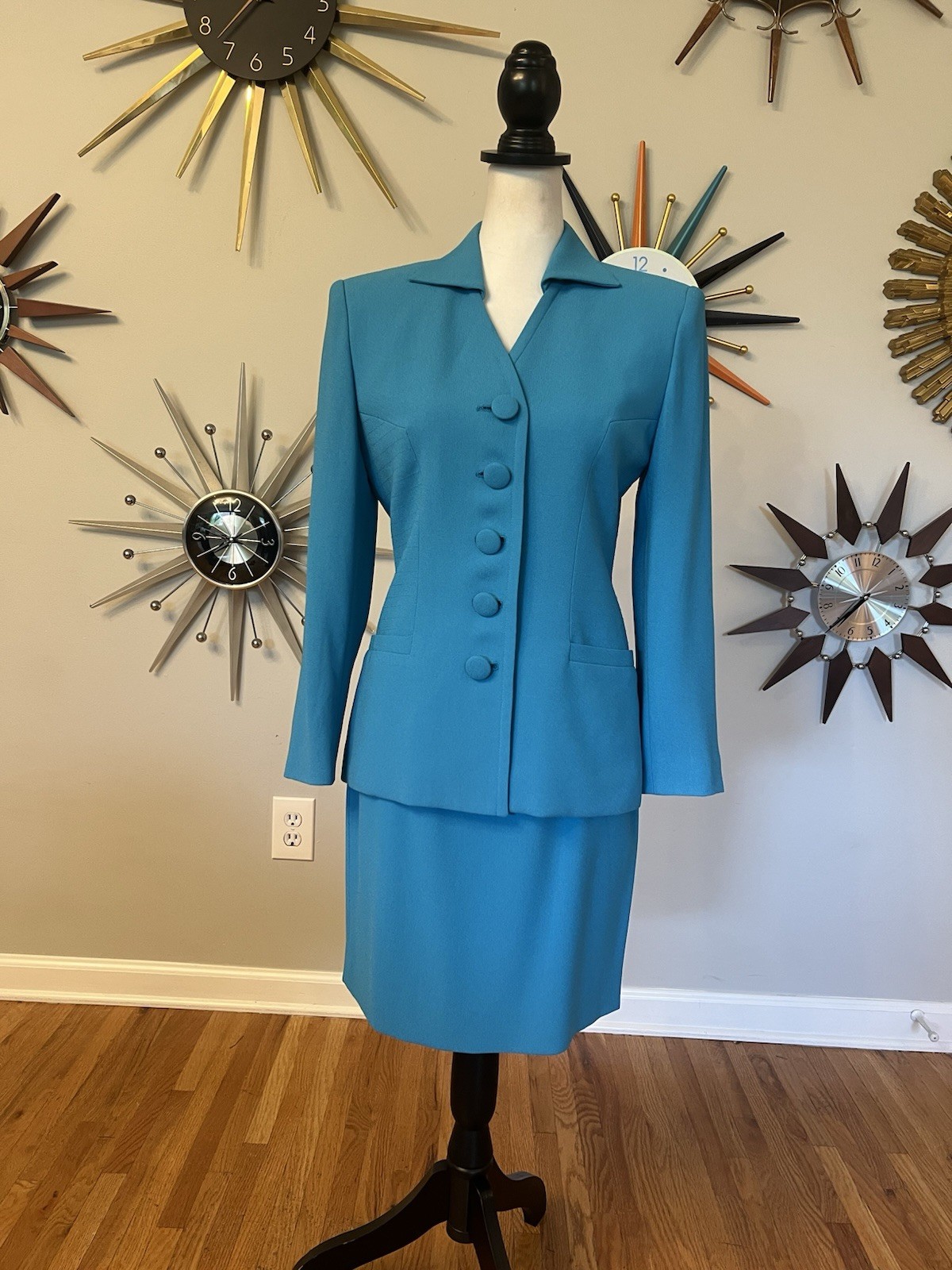 VTG Christian Dior Size 2 1980s 2Pc Turquoise Blue Skirt Suit Set