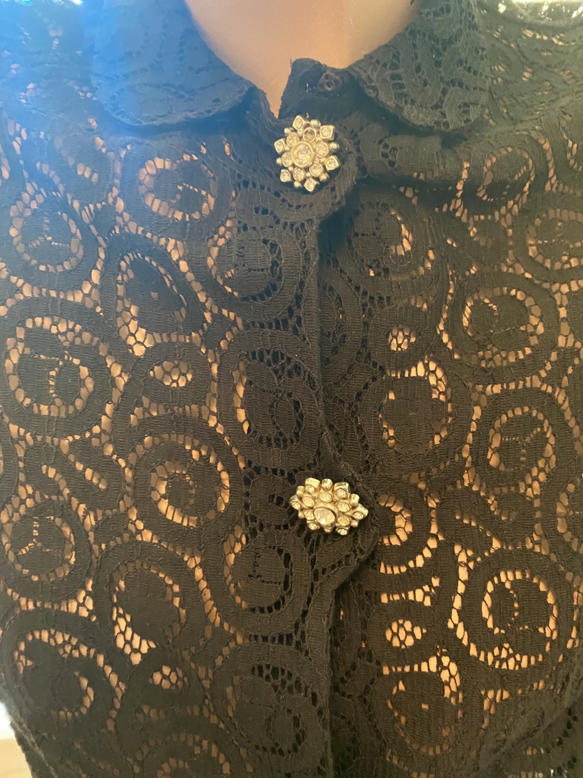 Vintage 50s black cotton lace button up blouse rhinestone buttons 36” bust