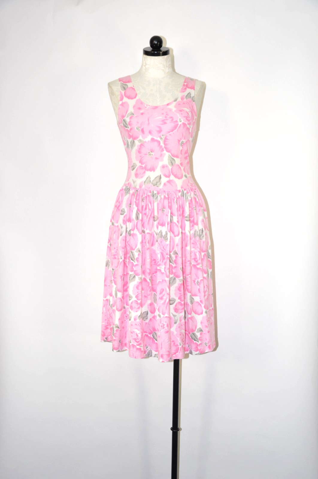 80s Vintage Pink Floral Cotton Jersey Sleeveless Tank Dress Beach Cover Women S