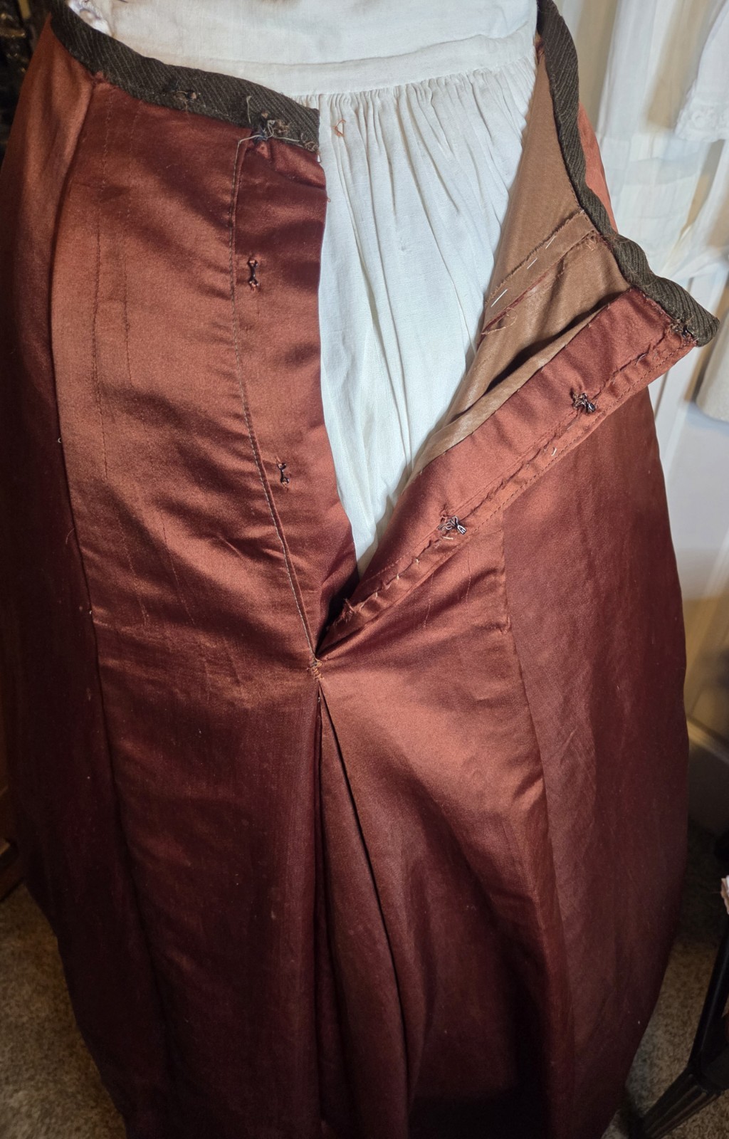 Victorian Copper Silk Blend Walking Suit w/ Ivory Taffeta Inserts & Pearl Trim