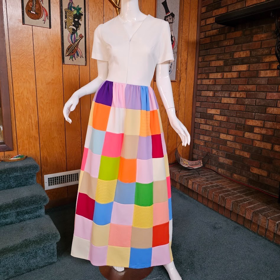 Vtg 70s Hippie Patchwork Rainbow Quilted Skirt Homespun Maxi Zip Front Dress S/M