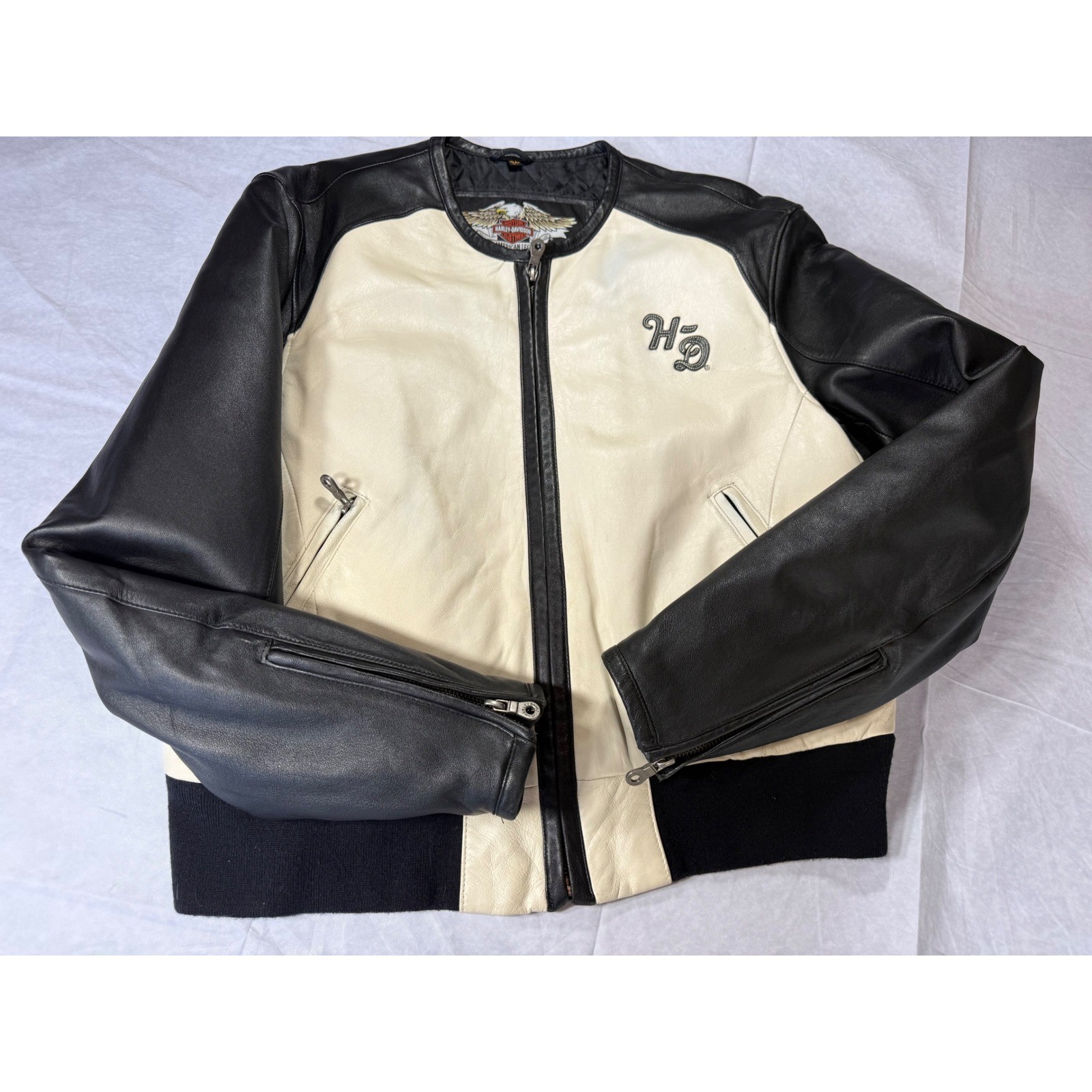 Harley-Davidson Bomber Jacket Womens XL White Leather Vintage Biker Moto Outdoor