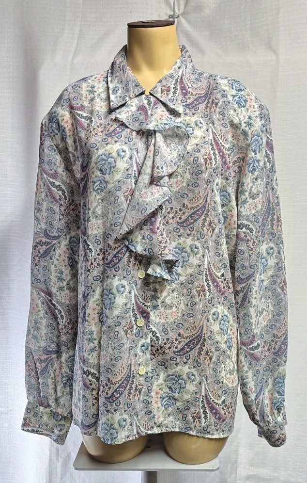 Vtg 70’s Alfred Dunner Blouse Collared With Ruffles Long Sleeve Paisley Sz 16