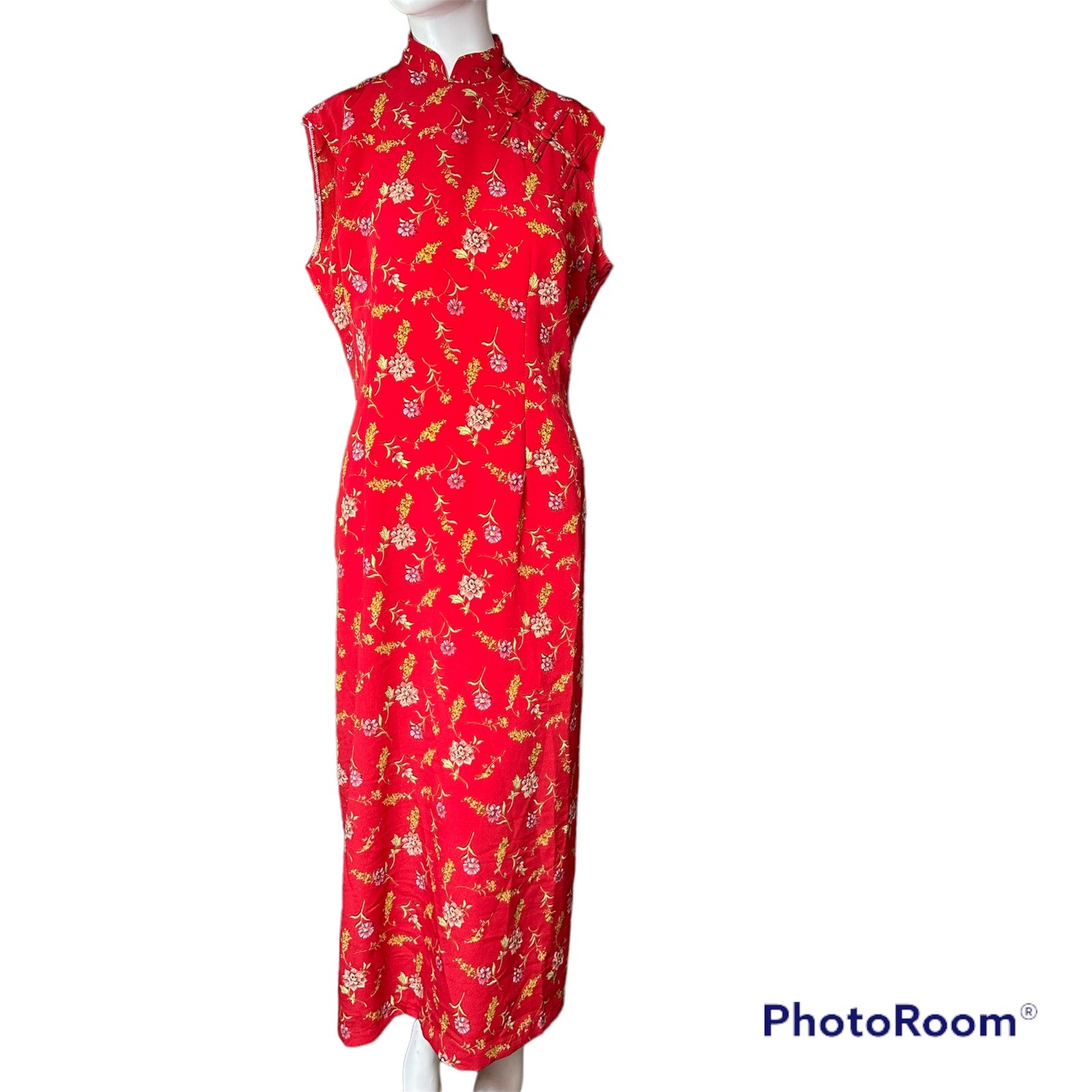 Vintage Cheongsam Dress Womens size 12 Red Floral High Neck 90s Y2K Elegant