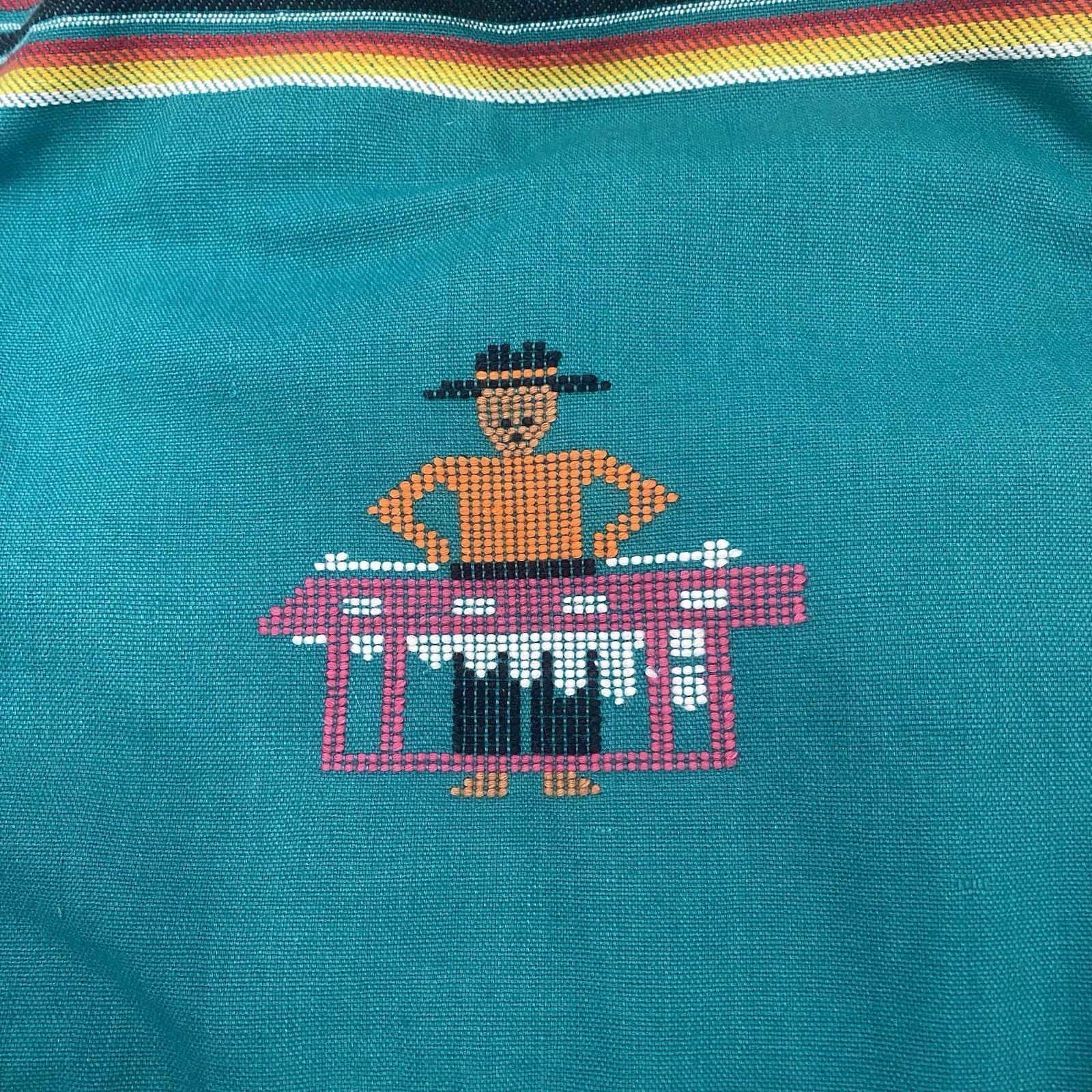 Vintage Guatemalan Teal Embroidered Cotton Dress – Handmade Artisan Lupita -Sz S