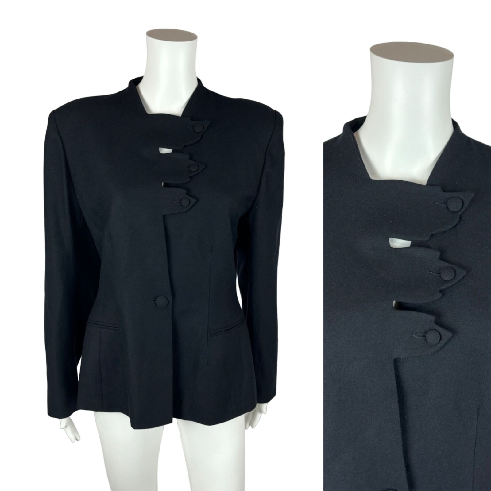 Vintage 80s Blazer Women&rsquo;s Large Black Wool Suit Jacket Leaf Closures Emmanuelle