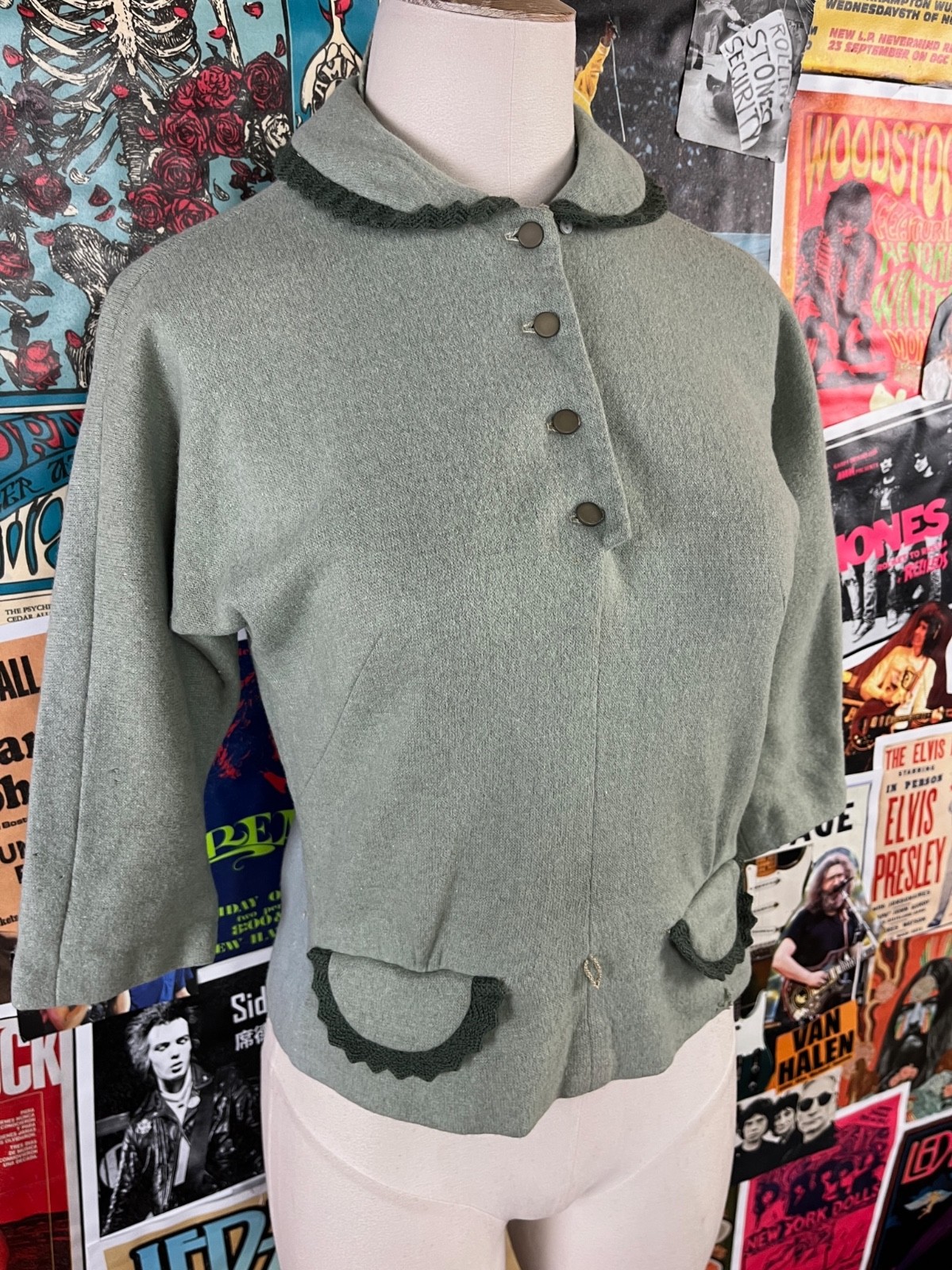 Vtg Womens 1940s Green Peter Pan Collar 3/4 Sleeve Wool Blouse Top Loop Collar