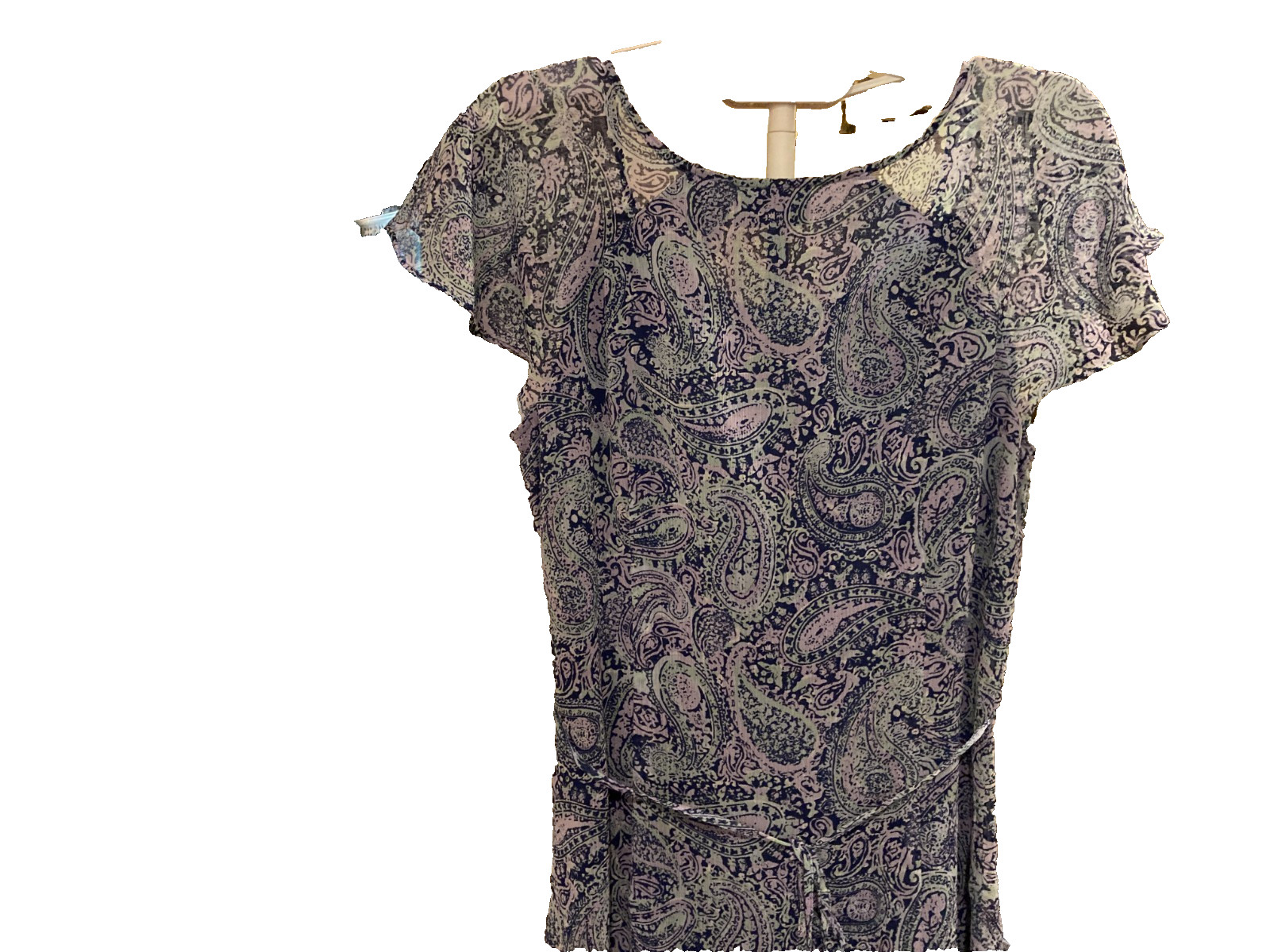Jaclyn Smith VTG 2006 Blue paisley maxi dress cap sleeves Hem 2-tier ruffle