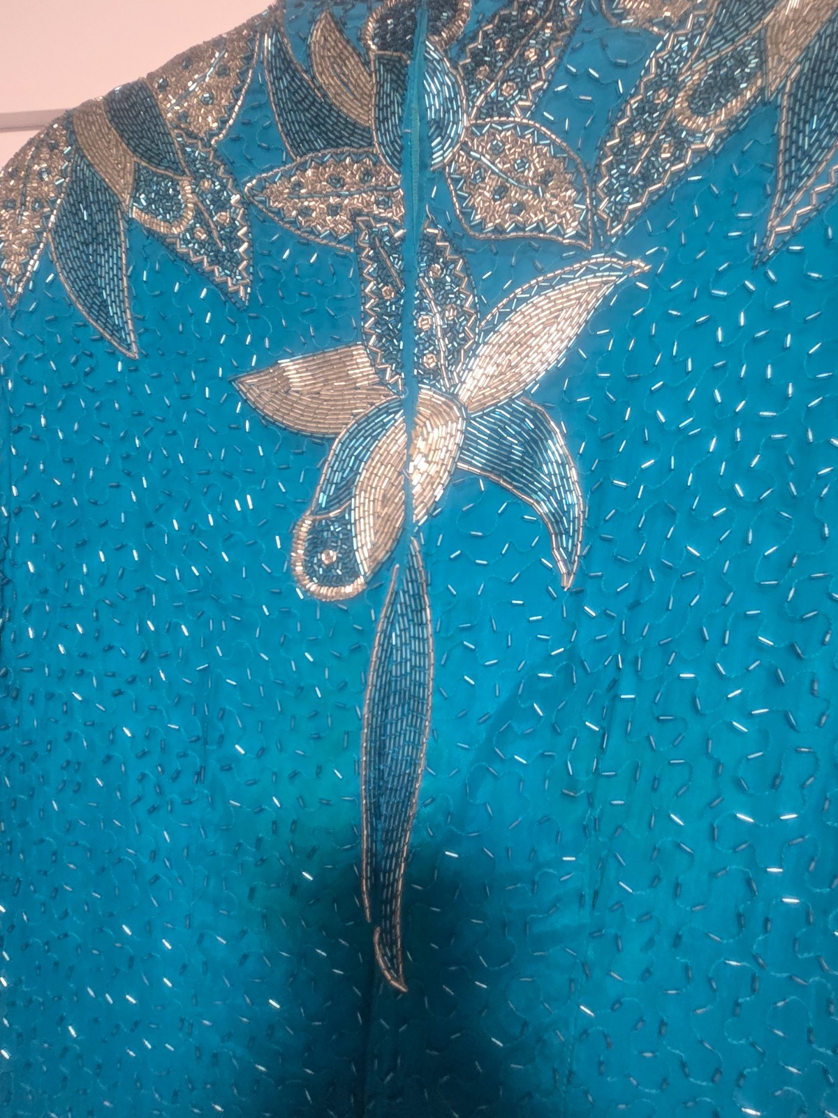 Vintage VINNIE Long Green, Teal, Silk Beaded Dress size XL