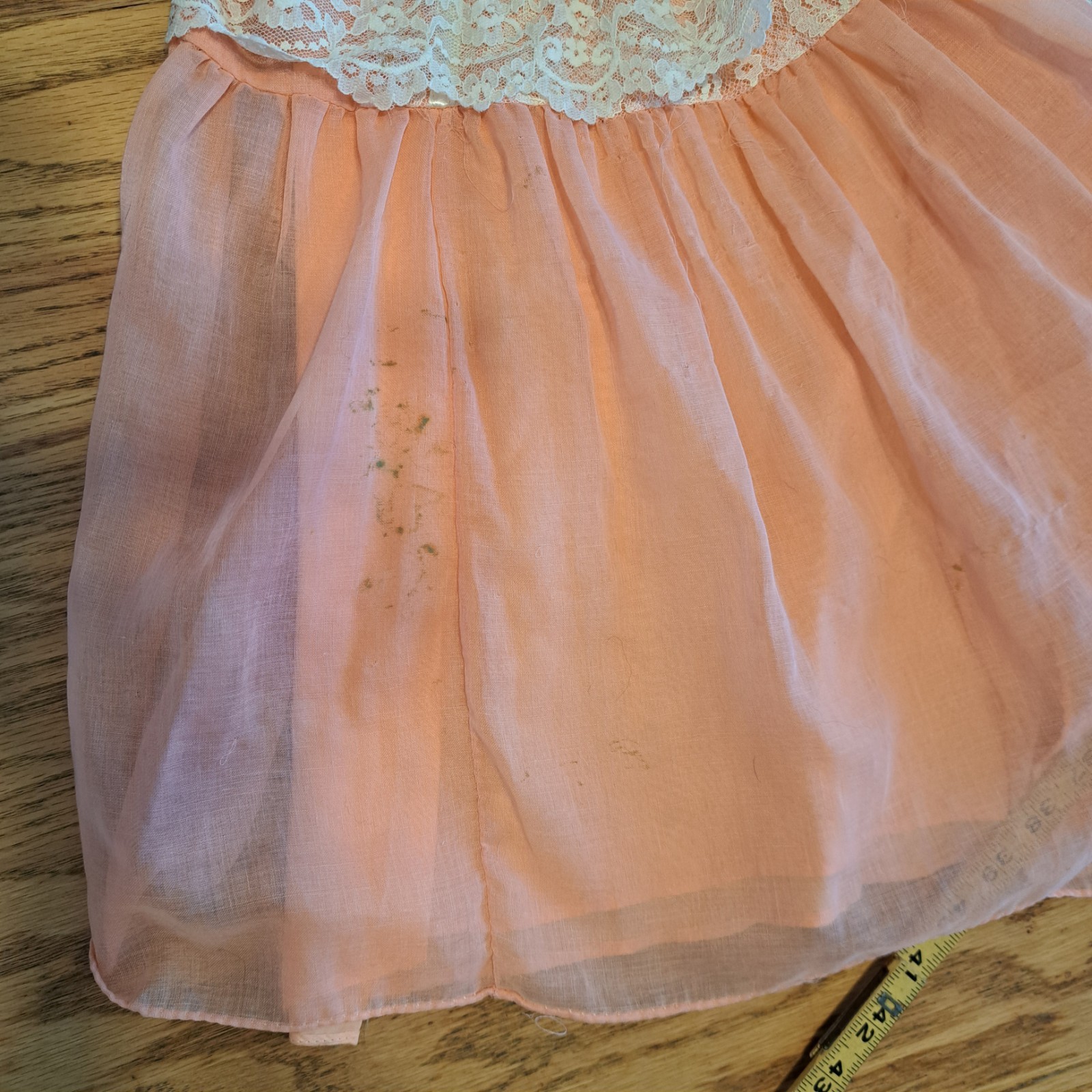 Vtg 70s Peach Chiffon Lace Prairie Granny Victorian Prom Maxi Gown Sz 7/8 Flaws
