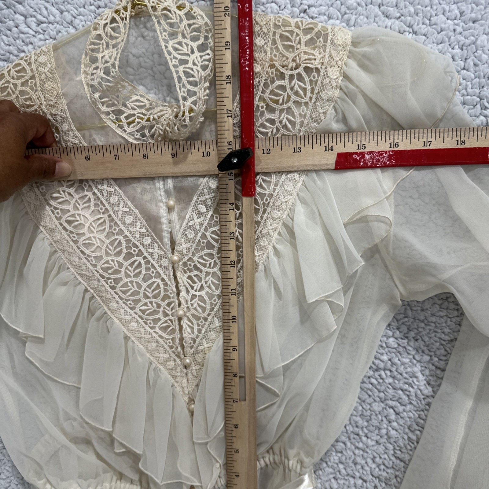 Vtg 70s ILGWU Ivory Peignoir Style Dress Sheer Chiffon Lace Yoke 9/10 Cottage