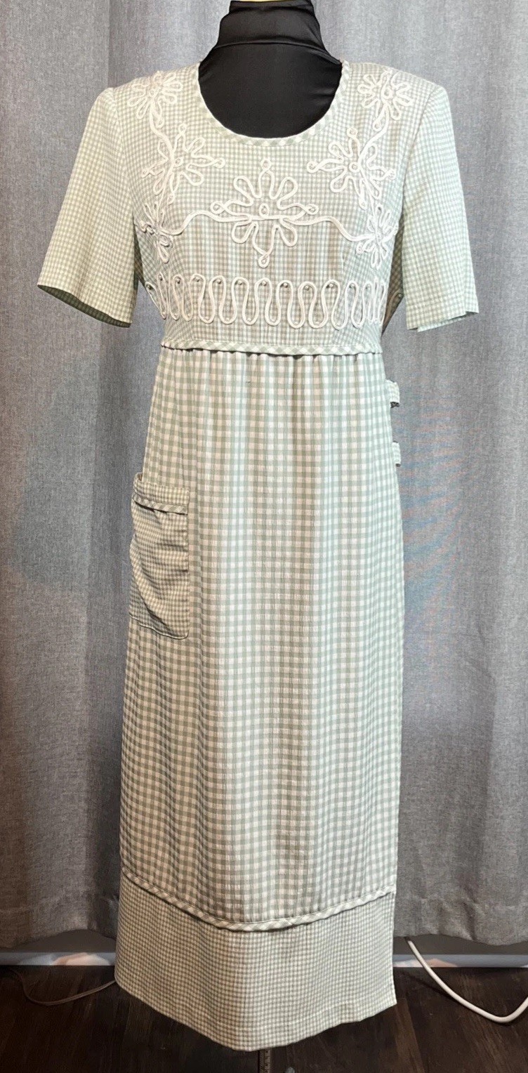 Vtg 1995 Pale Green Gingham Plaza South Cottagecore Prairiecore Dress – 8