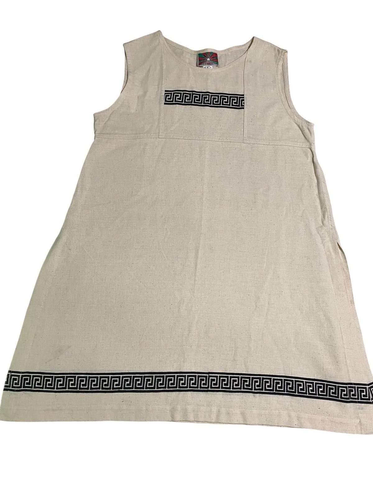 Vintage Tibet Brand Nepal Cotton Dress L Cream Greek Key Geometric Trim Midi
