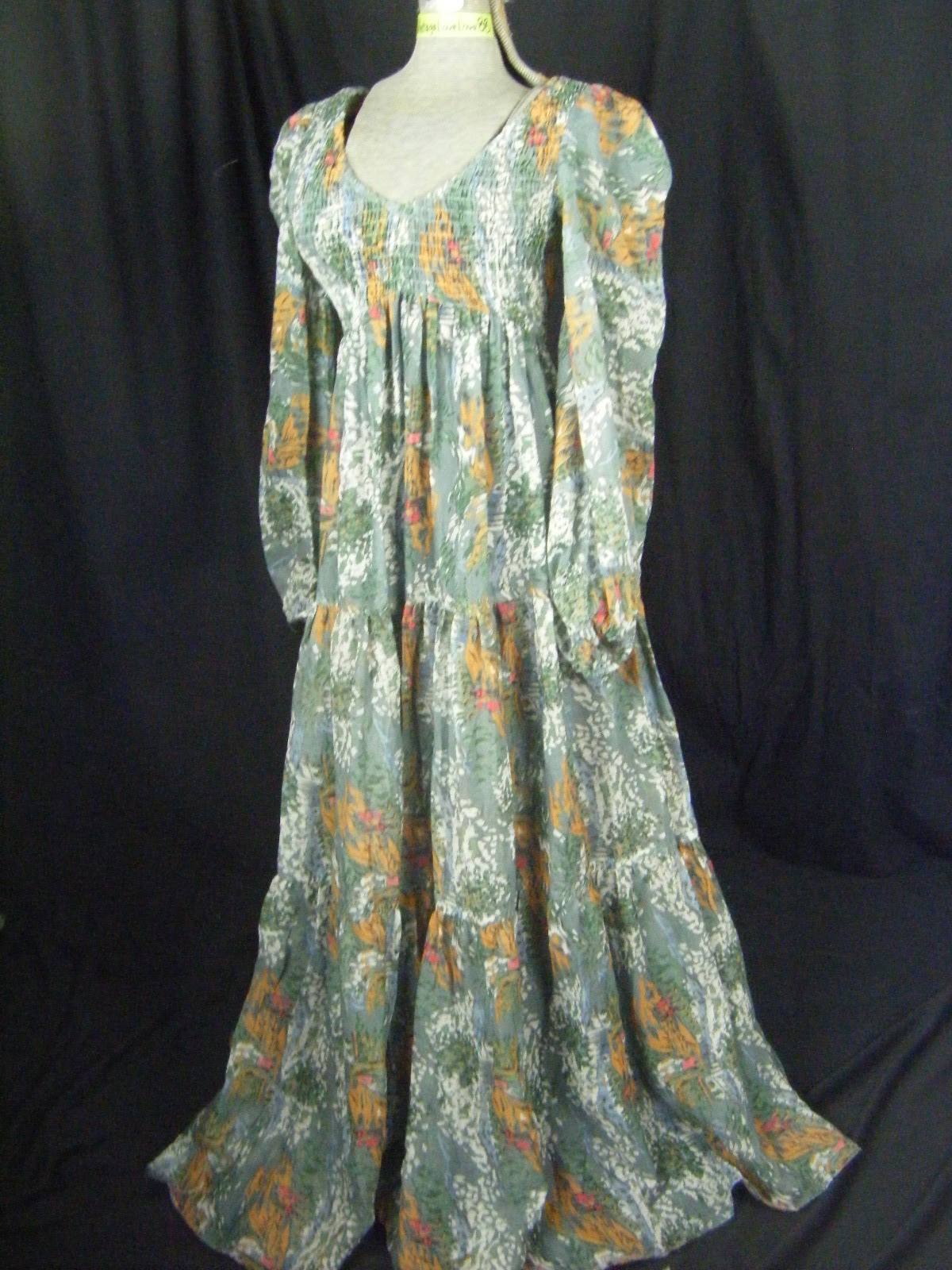 JACK KRAMER Vtg Blue Grey Shirred Prairie Gunne Style Dress-Bust 28-34/2XS-XS