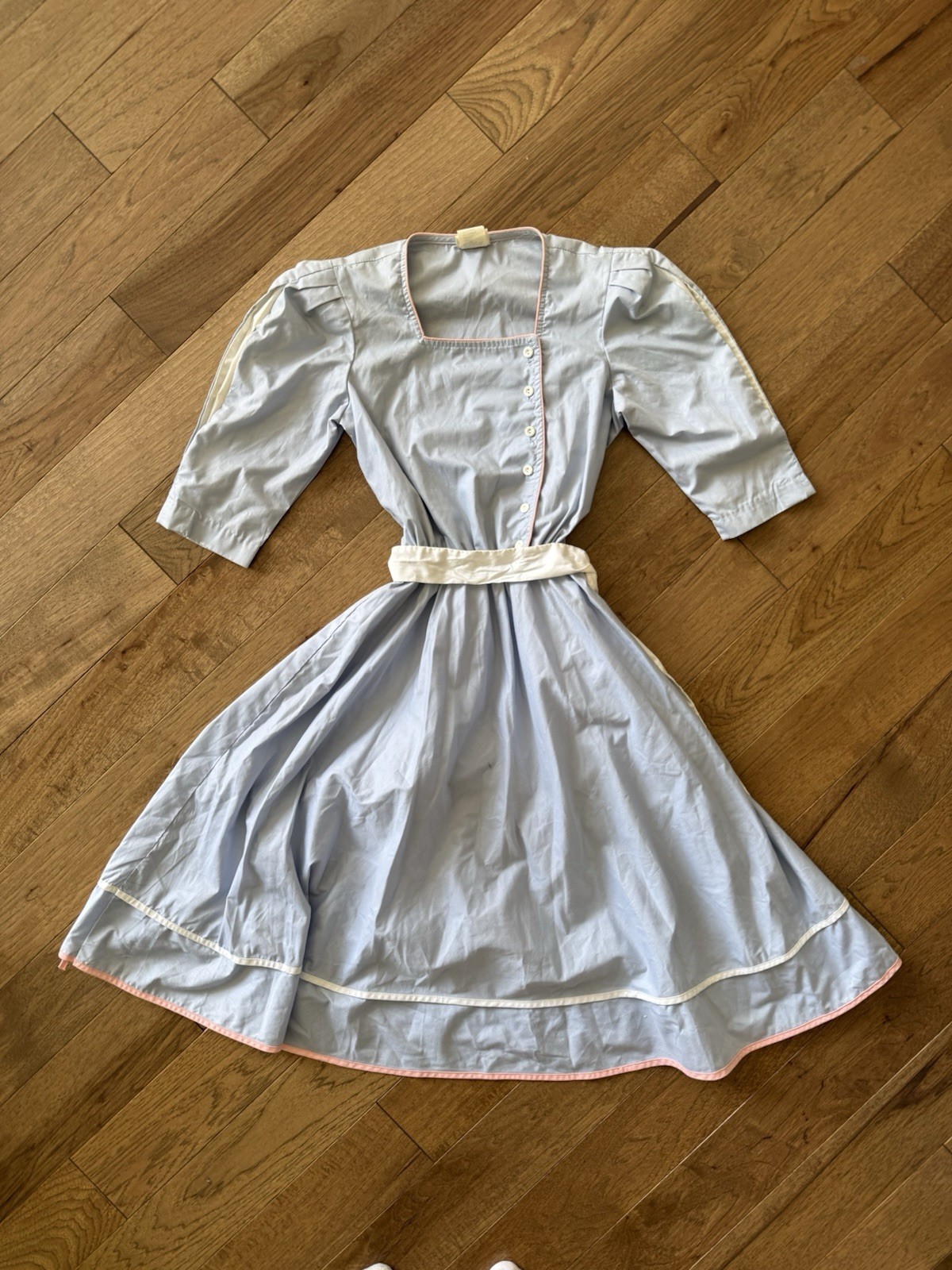 Vintage Cottagecore Dress Trad Wife Swing Dress Powder Blue Pink Trim 1950s