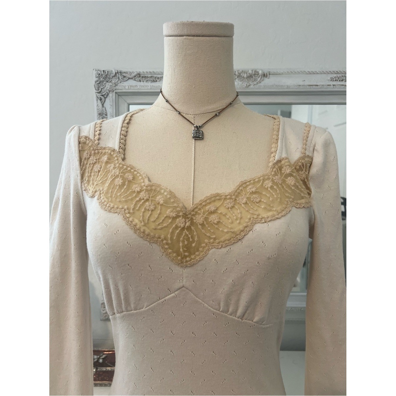 vintage cream lace fairy babydoll long sleeve fitted top