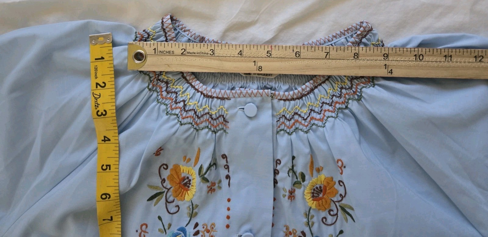 Vintage Peacock House Dress Blue Hand Embroidered Floral Smocked Pockets Size 38