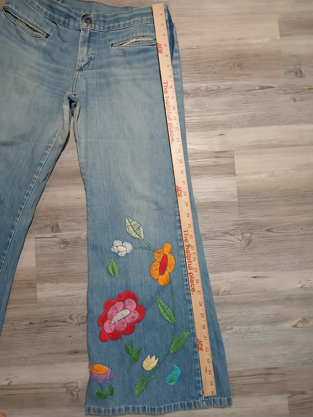 Vintage 70s Denim Bell Bottom Custom Embroidered Flare Hippy 32×28.5 RARE Floral