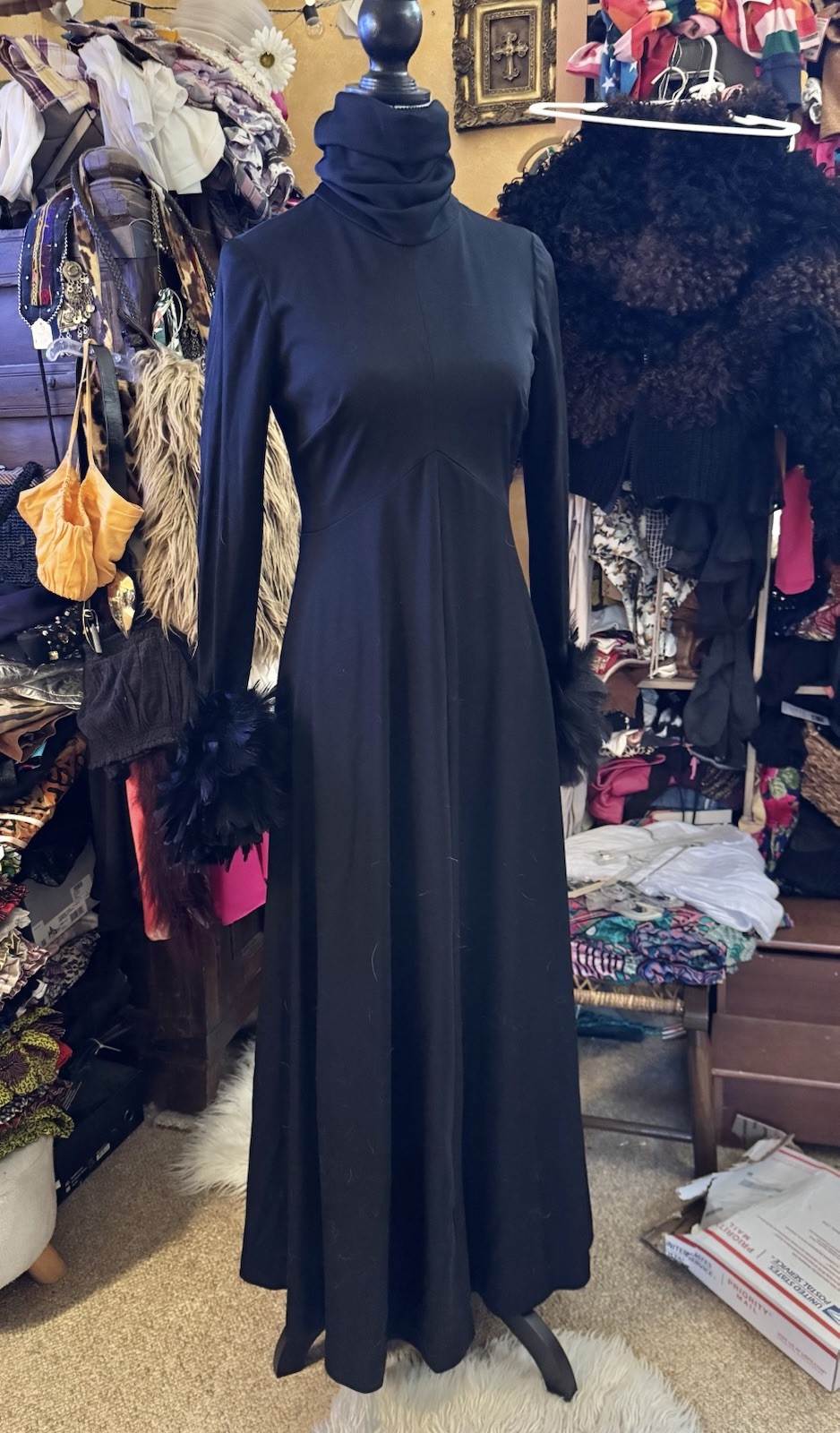 Vtg Joseph Magnin Black Feather Cuff Maxi Dress Goddess Gown Empire 60s 70s S