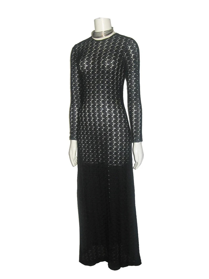 Vintage Black Open Crochet Stretch Knit Lace Sheer Long Fitted Bodycon Dress