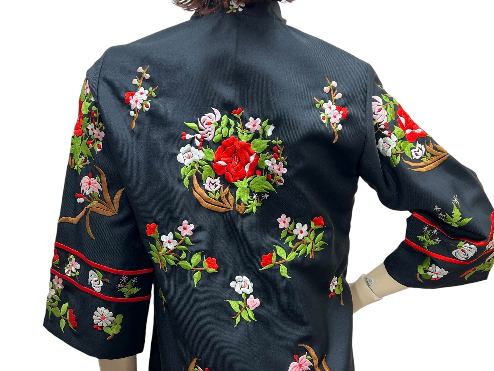 Vtg Sz S Oriental TUNIC Jacket Coat Hostess Robe Black Embroidered Philippines