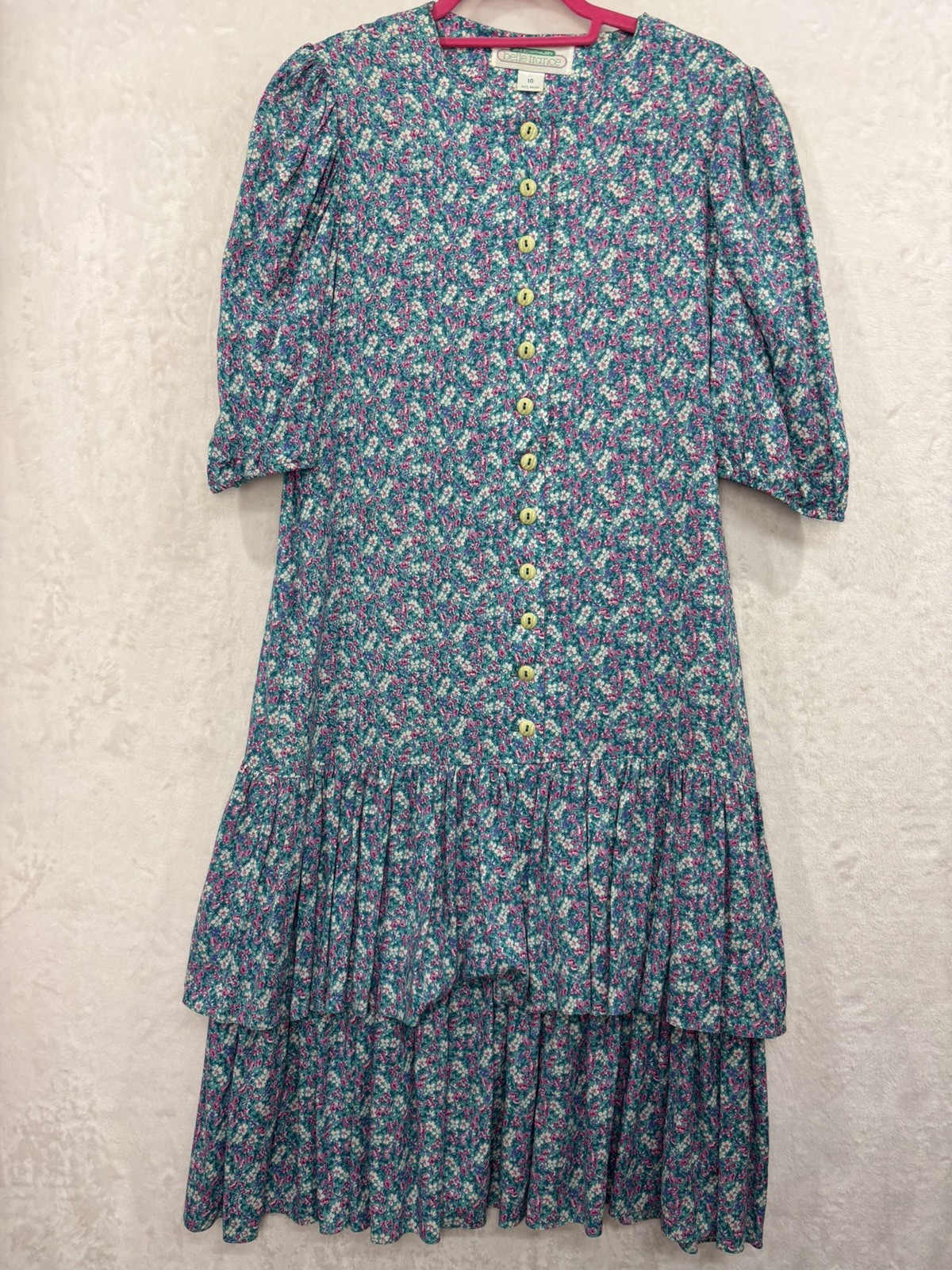 VTG Jane Schaffhausen Belle France Floral Cottage Dress 10 Ruffle Tier Blue 80s