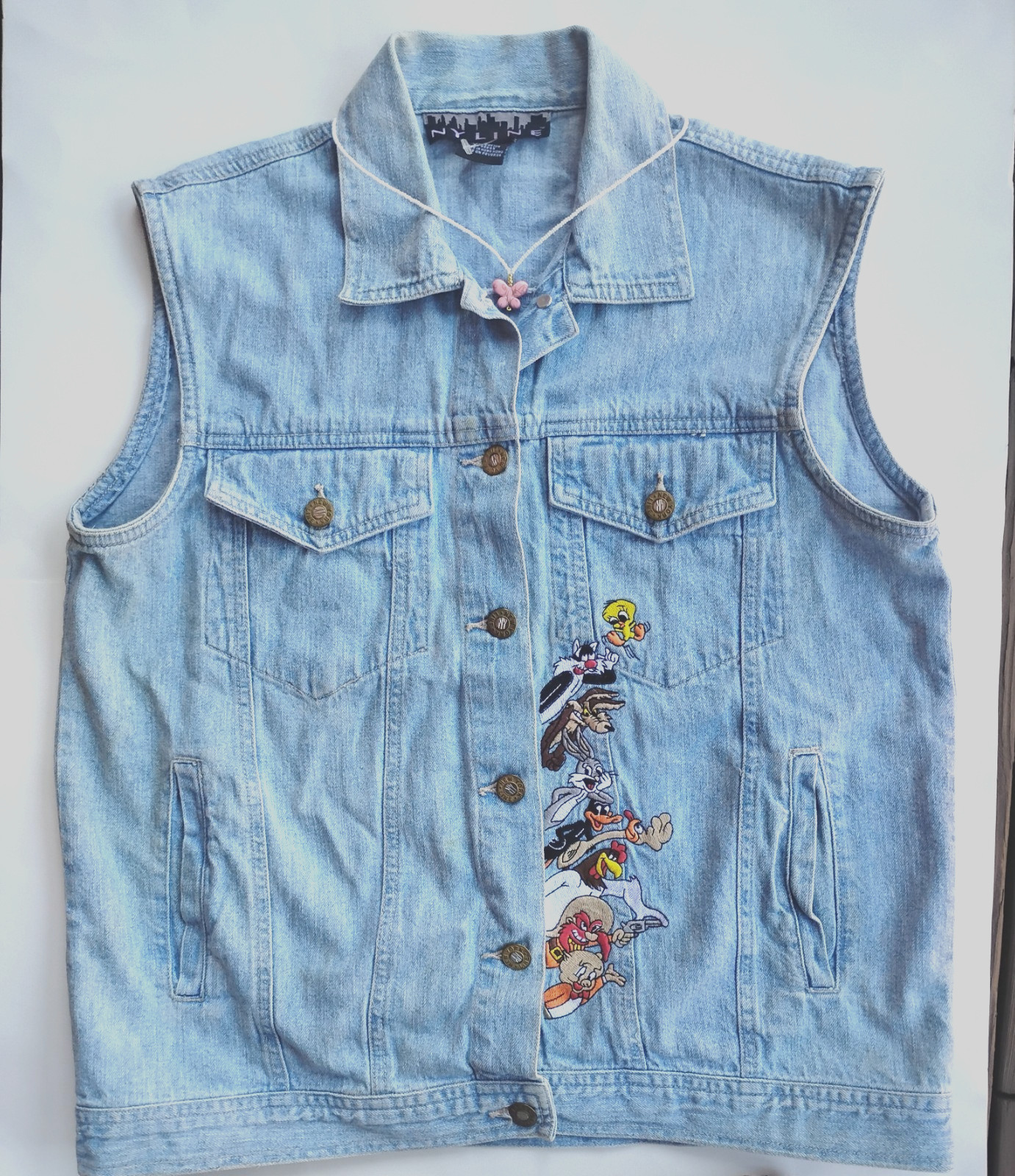 Vintage denim Vest, Y2K, NY Line, Looney Tunes Size S & Butterfly Necklace