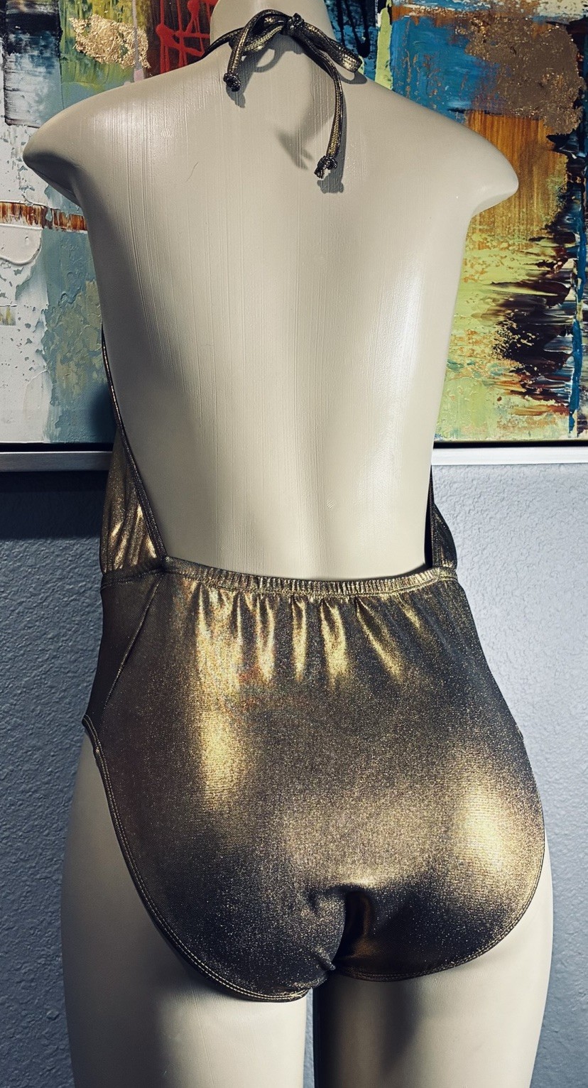 Vtg Gold Metallic One Piece Shape FX Halter Swimsuit 14