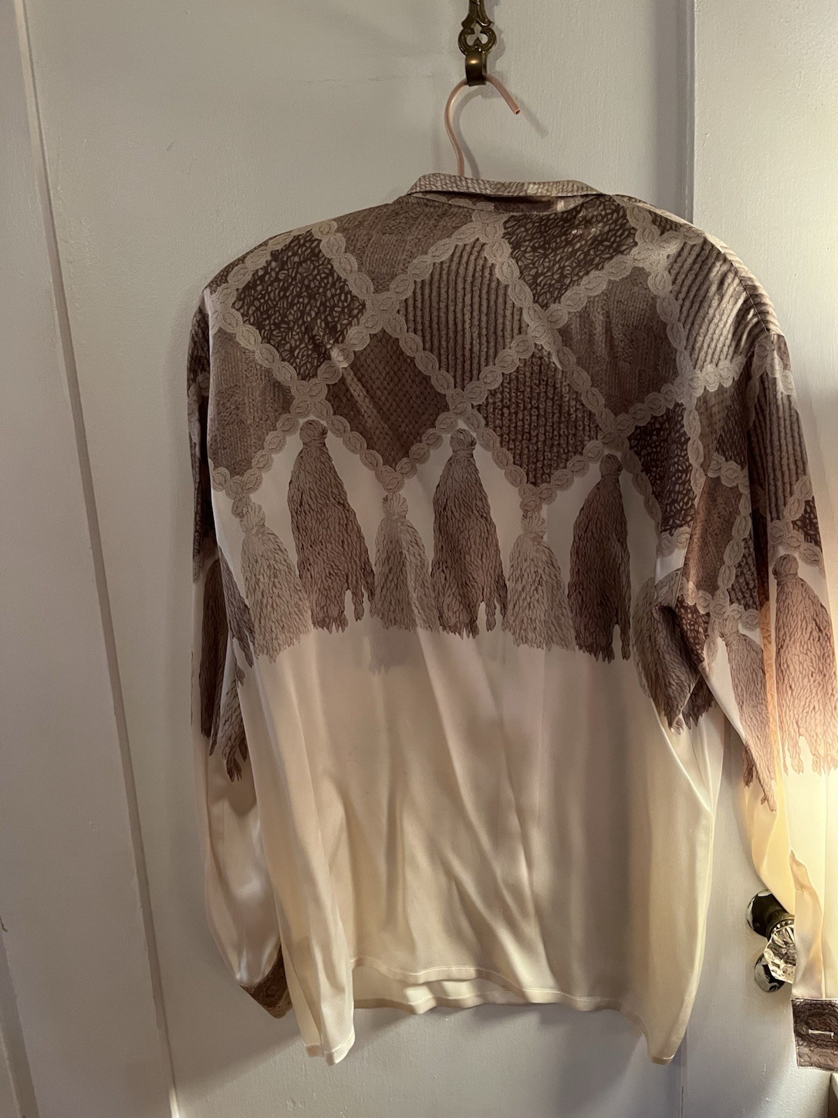 Vintage Escada Cream & Beige Silk Tassel Print Blouse Size 38