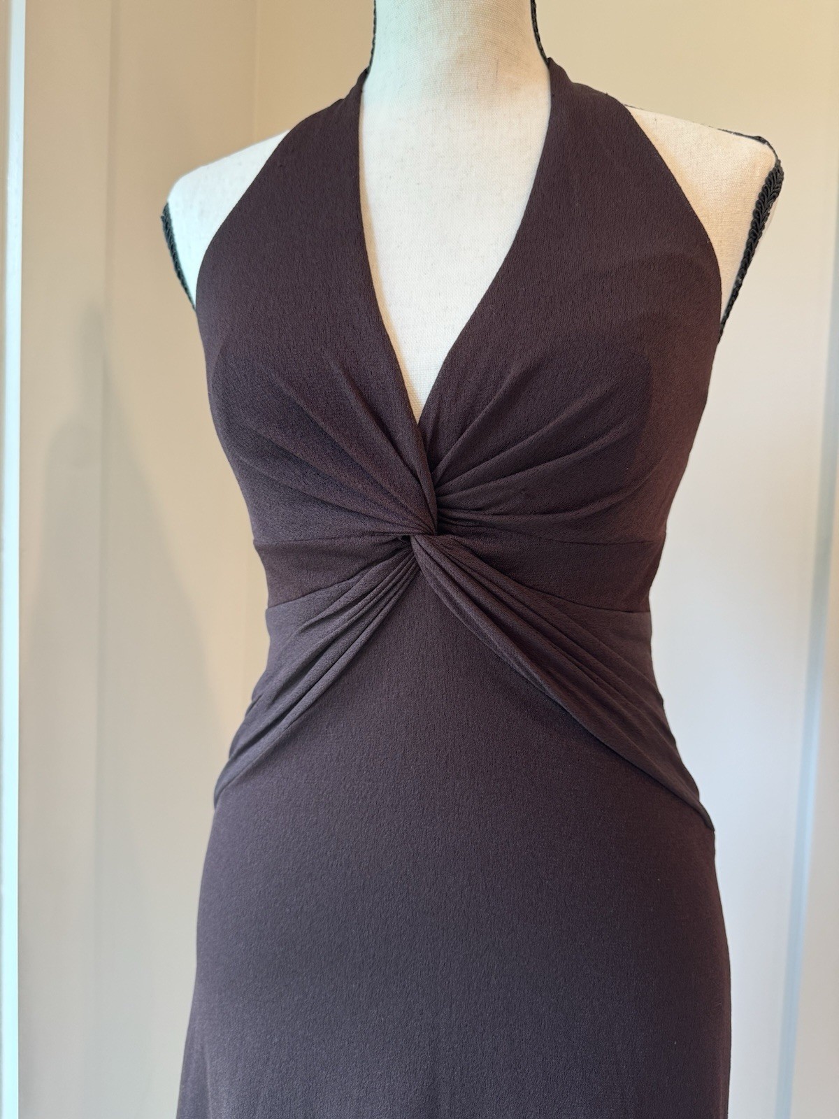 Cache Brown Halter Twist Front Handkerchief Hem Cocktail Dress Sz 2 Y2K USA