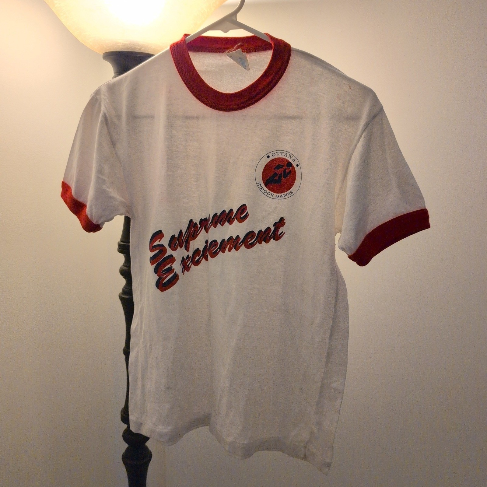 VTG 80s Women&rsquo;s Small Supreme Excitement Ringer Shirt Paper Thin Sports USA